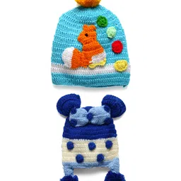 MayRa Knits Pack Of 2 Hand Knitted Polka Dots & Squirrel Crochet Designed Caps - Blue-picture-10