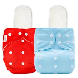 AEREX Reusable Baby 2 Cloth Diapers For 6 Months to 3 Years With 2 Insert Pads Leak Proof Washable Diapers For New Born Babies Adjustable Pocket Cloth Diaper Nappies (Red & Sky Blue) image 1