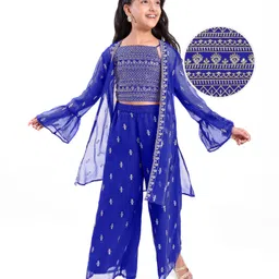 Pine Kids Three Fourth Sleeves Top & Palazzo Set with Jacket & Floral Embroidery - Royal Blue-picture-12