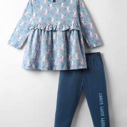 CUCUMBER Interlock Knit Full Sleeves Frock with Legging & Rabbit Print - Light Blue-picture-4