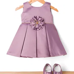 Bluebell Satin Woven Sleeveless Frock & Booties with Floral Applique - Lavender-picture-12