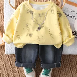 Googo Gaaga Cotton Knit Full Sleeves Abstract Printed Light Winter Sweatshirt With Attached Chain & Jeans Set - Yellow-picture-33
