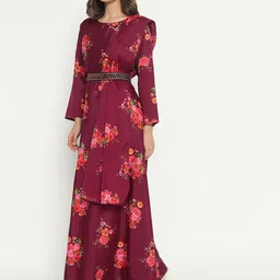 Femvy Women Floral Printed Cotton Maxi Dress With Dupatta & Belt-picture-28