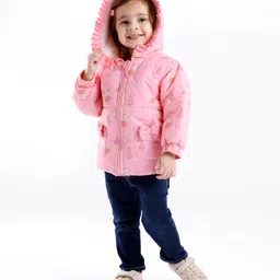 Babyoye Full Sleeves Hooded Jacket with Bear Print & Bow Applique - Pink image 2