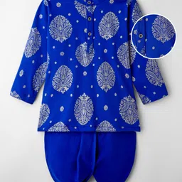 EARTHY TOUCH Single Jersey Knit Full Sleeves Kurta Dhoti Set with Motif Foil Print - Blue image 2