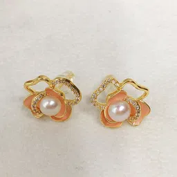 KRENOZ Gold-Plated Pearls Beaded Floral Studs image 5