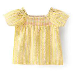 Babyhug Cotton Blend Woven Half Sleeves Striped Top With Smocking & Lace Detailing - Yellow image 3