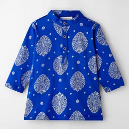 EARTHY TOUCH Single Jersey Knit Full Sleeves Kurta Dhoti Set with Motif Foil Print - Blue image 3