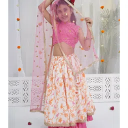 Little Bansi Cotton Viscose Linen Woven Sleeveless Floral Embroidered Tassels Detailed Lehenga Choli With Dupatta Set - Pink image 4