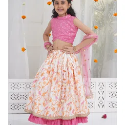 Little Bansi Cotton Viscose Linen Woven Sleeveless Floral Embroidered Tassels Detailed Lehenga Choli With Dupatta Set - Pink image 5