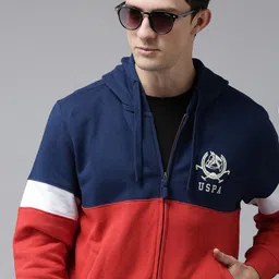 u.s. polo assn. U S Polo Assn Men Navy Blue & Red Colourblocked Hooded Cotton Sweatshirt image 1