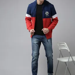 u.s. polo assn. U S Polo Assn Men Navy Blue & Red Colourblocked Hooded Cotton Sweatshirt image 3