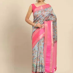 Silk Land Blue & Pink Silk Printed Saree With Unstitched Blouse-image-77