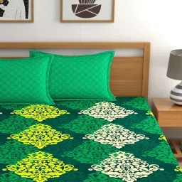 My Room Ethnic Green 140 TC Cotton Fitted King Bed Sheet with 2 Pillow Covers image 3