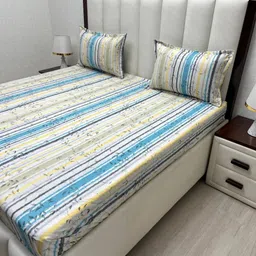 Pure Decor Ruby White & Blue Striped Cotton 260 TC King Bedsheet Set-1.82mx1.93mx30.48cm image 4