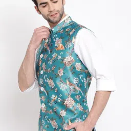 VASTRAMAY Turquoise Straight Fit Floral Print Nehru Jacket image 3