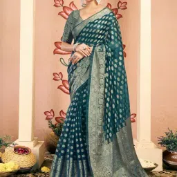 Satrani Blue Silk Blend Woven Saree With Unstitched Blouse-image-17