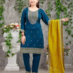 Aarika Kids Teal & Yellow Embroidered Kurti, Pants with Dupatta-picture-24