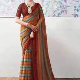 Satrani Rust & Blue Striped Saree With Unstitched Blouse-image-13
