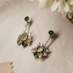 NAMAN ARTS Gulzar Silver-Plated Artificial Stones Studded & Beaded Floral Drop Earrings-picture-4