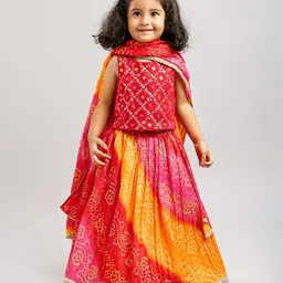 Babyhug Woven Sleeveless Bandhani Print Choli Lehenga With Dupatta - Red-picture-17