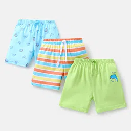 Babyhug Cotton Knit Mid Thigh Length Shorts Dolphin Print Pack of 3 - Lime Green White & Blue-image-23