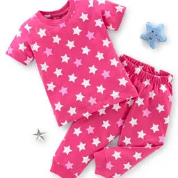 Babyhug Cotton Knit Half Sleeves Night Suit Stars Print - Pink-image-19