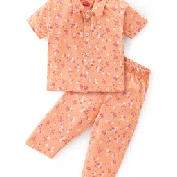 Babyhug Cotton Knit Half Sleeves Floral Print Night Suit - Peach-image-47