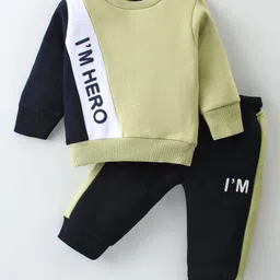 Pepito Fleece Knit Full Sleeves Winter Wear Set With Text Print & Cut & Sew Design - Olive Green & Black-picture-23