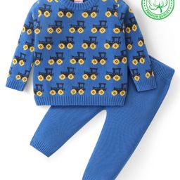 Babyhug Cotton Knit Full Sleeves Sweater Set With Vehicle Design - Blue-image-45