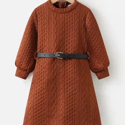 Kookie Kids Full Sleeves Solid Colour Party Frock With Embossed Design - Brown-picture-24
