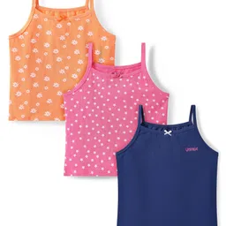 Pine Kids Cotton Lycra Knit Sleeveless Slips With Floral & Star Print Pack of 3 - Orange Pink & Navy Blue-picture-30