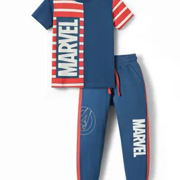 Pine Kids Marvel Single Jersey Knit Half Sleeves T-Shirt & Lounge Pant Set With Avengers Graphics - Navy Blue-image-43