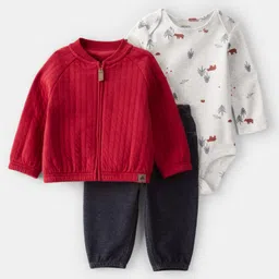 Carter's Knit Full Sleeves Sweatshirt & Joggers Set with Animal Printed Onesie - Red & Black-picture-25