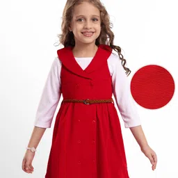 Hola Bonita Knit Full Sleeves Frocks With Inner Tee & Belt - Red & White-picture-38