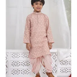 Little Bansi Cotton Woven Full Sleeves Leaves Embroidered & Pearls Embellished Kurta & Dhoti Set - Mocha Brown-picture-15