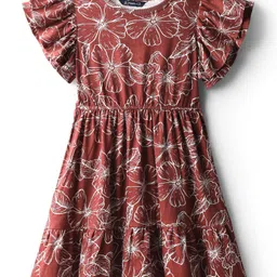 Pine Kids Cotton Knit Flutter Sleeves Dress with Floral Print & Cinched Waist - Fire Brick Maroon-picture-23