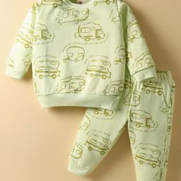 Zero Fleece Knit Full Sleeves Co-ords Winter Wear Sweatshirt & Lounge Pant Set with Vehicle Print - Limegreen-picture-36