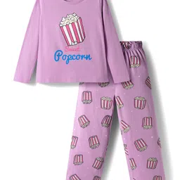 Primo Gino 100% Cotton Knit Full Sleeves Nightsuit with Pop corn Text Print - Lilac-picture-31