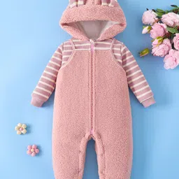 Mark & Mia Full Sleeves Front Open Hooded Winter Wear Romper with Bunny Ear Applique - Pink-picture-20