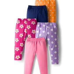 Babyhug Cotton Knit Full Length Leggings With Stretch & Floral Print Pack Of 5 - Multicolour-picture-27