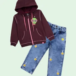 Kiddopanti Fleece Knit Full Sleeves Alien Printed Light Winter Hooded Sweatshirt & Jeans Set - Wine & Light Blue-image-30