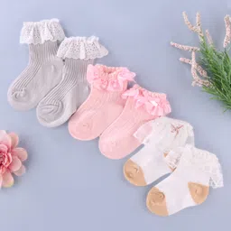 KIDLINGSS Pack Of 3 Schiffli Embroidered Frill & Lace Detailed Socks - Multi Colour-image-12