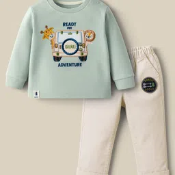 Ollypop Interlock Knit Full Sleeves T-Shirt & Lounge Pant Set With Animal Embroidery - Sea Green-picture-23