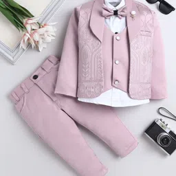 Fourfolds Woven Full Sleeves Leaf Motifs Embroidered 3 Piece Party Suit Set With Bow - Pink image 1