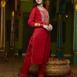 Sangria Red Floral Yoke Design Zari Straight Kurta With Trouser & Dupatta-image-0