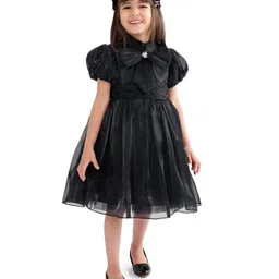 Babyhug Half Sleeves Organza Party Frock with Bow Applique- Black image 2