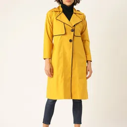 WoowZerz Women Mustard Yellow Slim Fit Solid Knee Length Trench Coat image 1