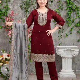 Aarika Kids Maroon & Grey Embroidered Kurti, Pants with Dupatta-image-25