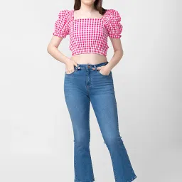 Spykar Pink Cotton Chequered Crop Top image 5